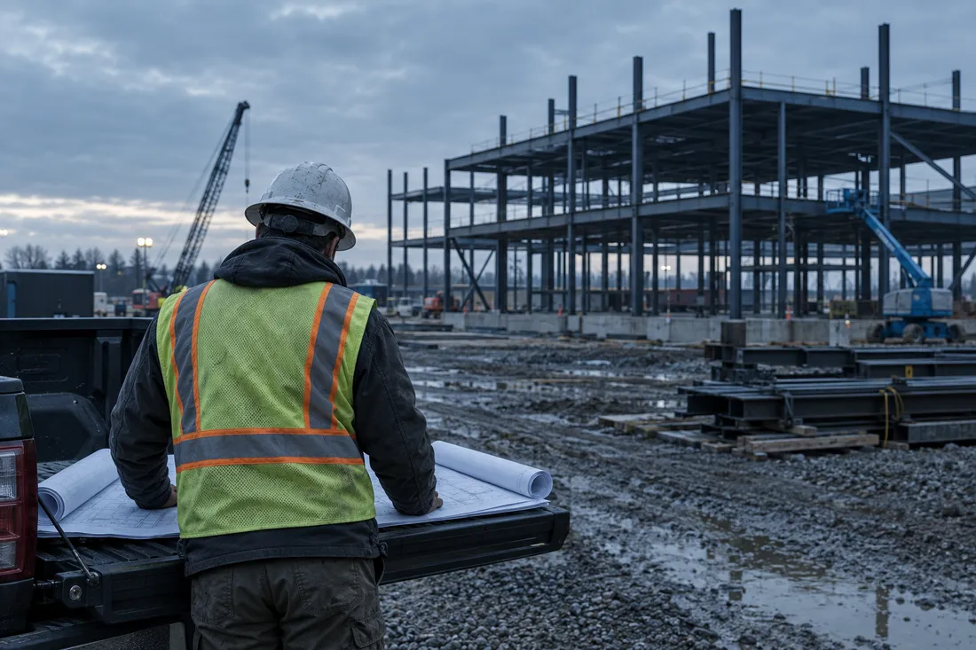 Superintendent reviewing plans on a tailgate at a commercial jobsite