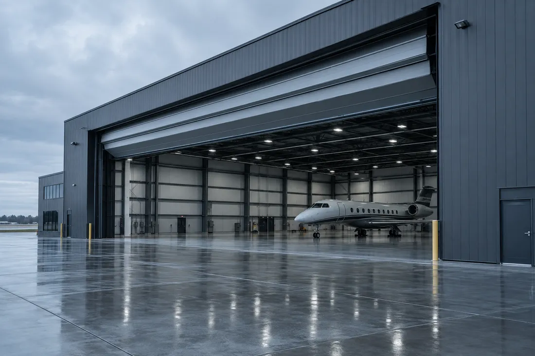 Pre-engineered aircraft hangar with a large stacked door open to the apron