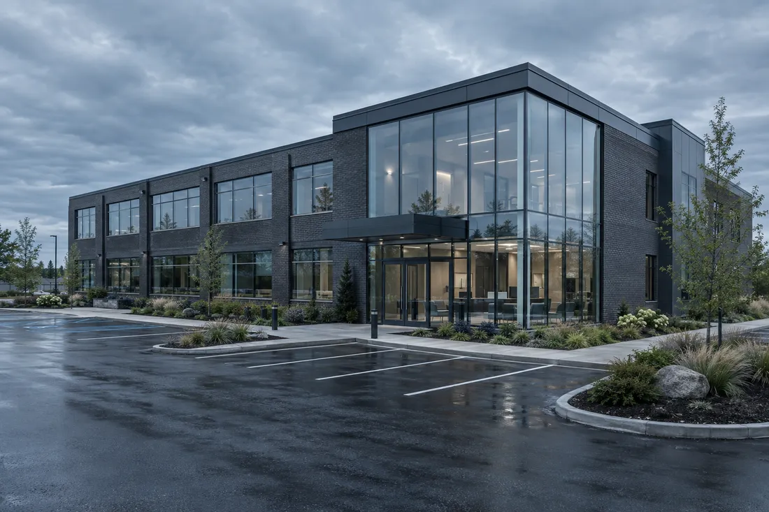 Completed two-story medical office building with brick and glass facade