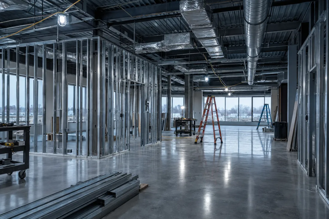 Interior tenant upfit in progress with metal stud framing and exposed ductwork