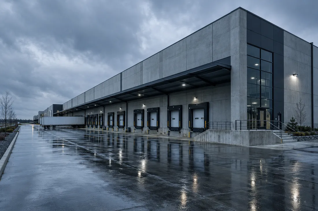 Industrial warehouse with loading docks and steel canopy